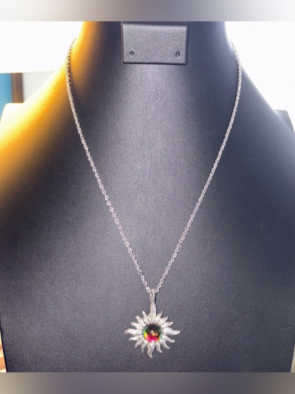 Silver Sunburst Pendant Necklace with Multicolor Stone